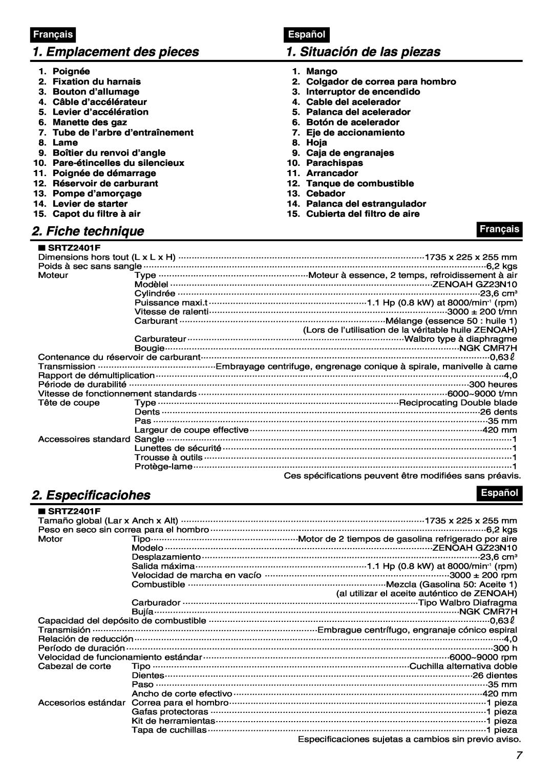 RedMax SRTZ2401F Emplacement des pieces, Situación de las piezas, Fiche technique, Especificaciohes, Français, Español 