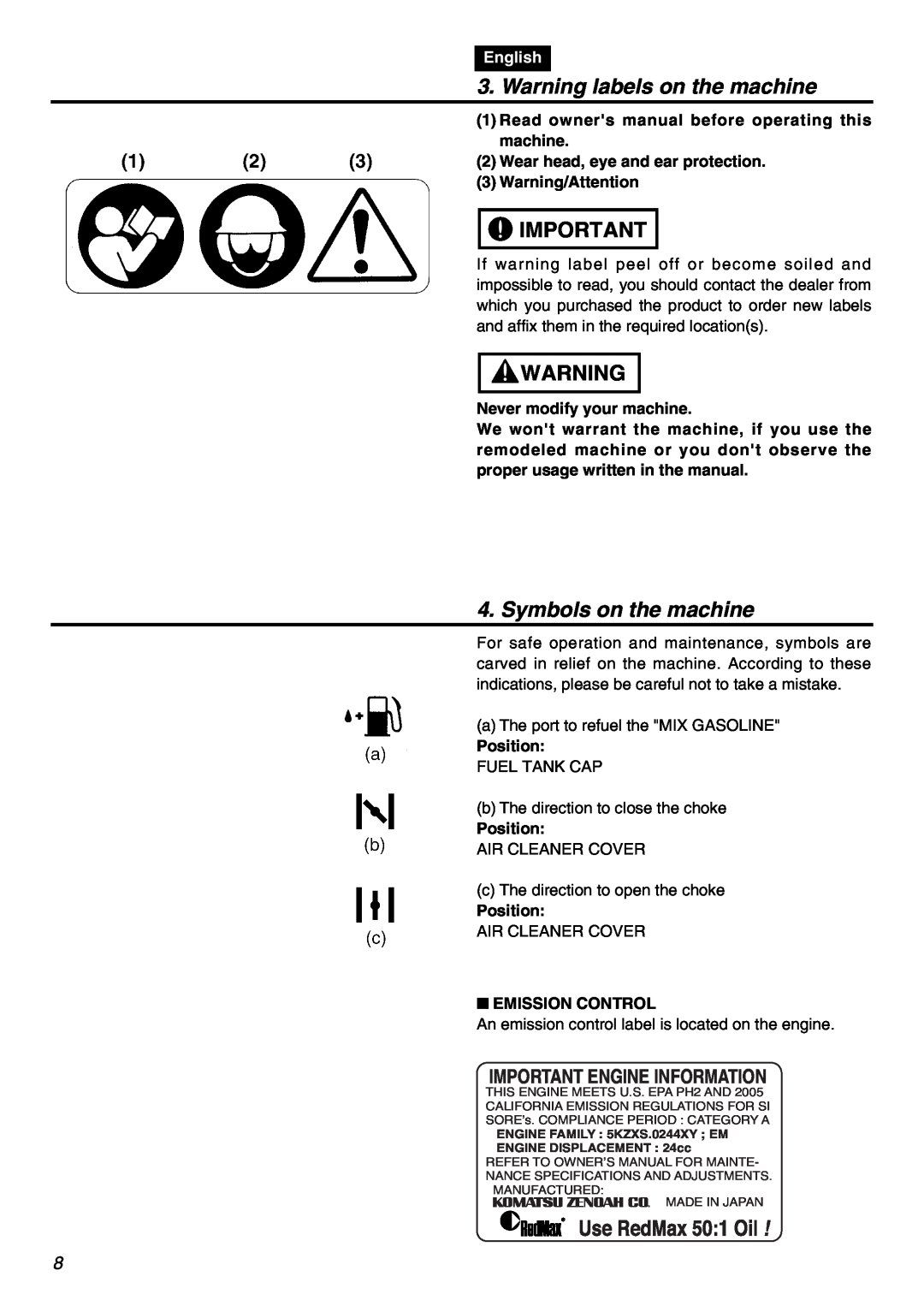 RedMax SRTZ2401F manual Warning labels on the machine, Symbols on the machine, Important Engine Information, English 