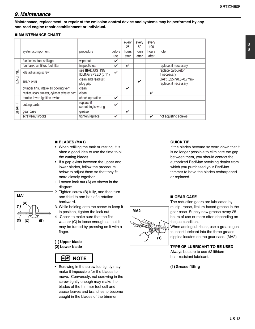 RedMax SRTZ2460F manual Maintenance 