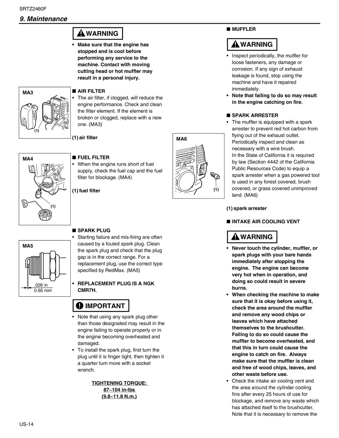 RedMax SRTZ2460F MA3 AIR Filter, Muffler, MA6, Spark Arrester, MA4, Fuel Filter, Intake AIR Cooling Vent Spark Plug MA5 