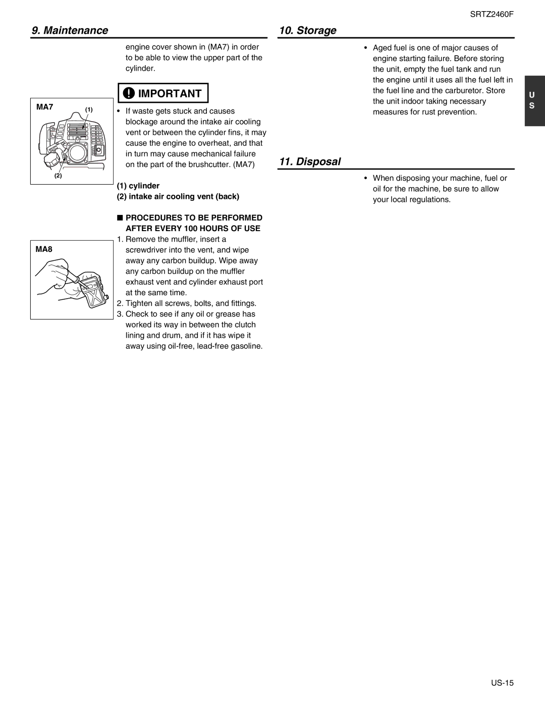 RedMax SRTZ2460F manual Storage, Disposal, MA8, Procedures to be Performed After Every 100 Hours of USE 