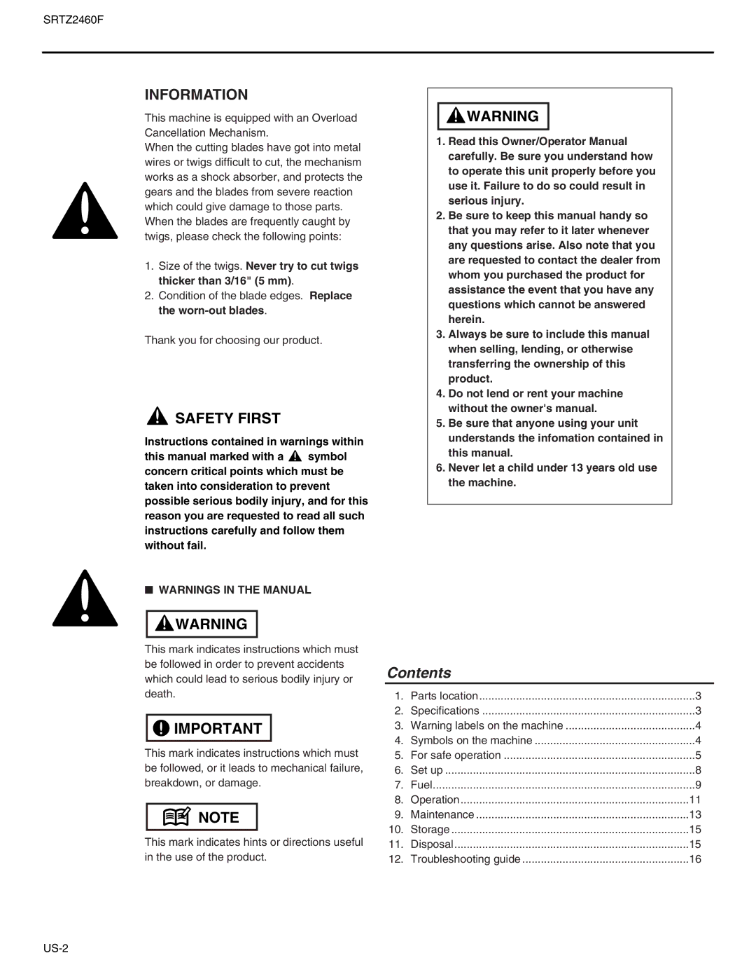 RedMax SRTZ2460F manual Contents 