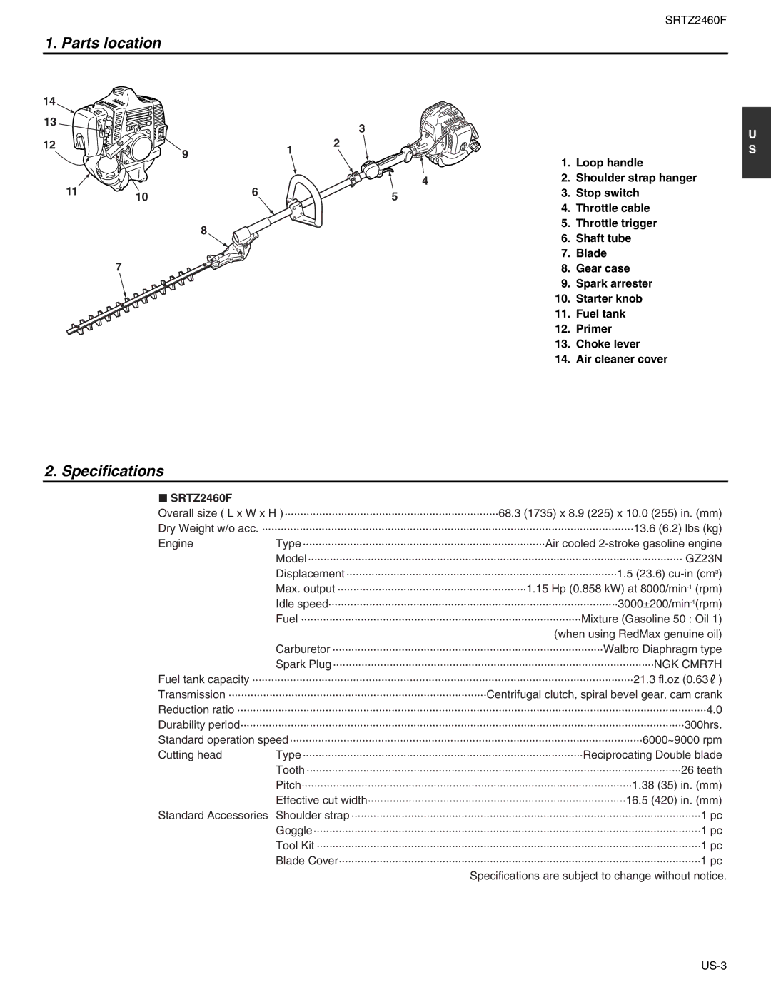 RedMax SRTZ2460F manual Parts location, Specifications 