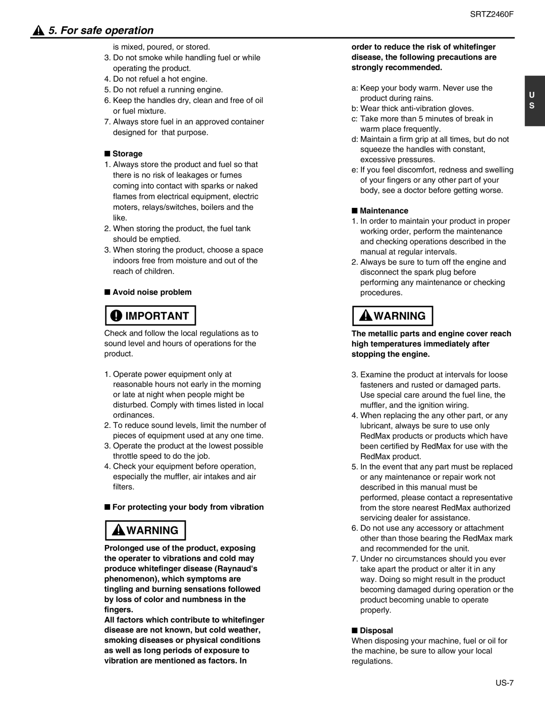 RedMax SRTZ2460F manual Storage, Maintenance, Disposal 