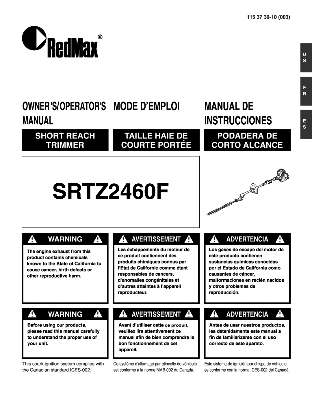 RedMax SRTZ2460F manual Short Reach, Taille Haie De, Podadera De, Trimmer, Courte Portée, Corto Alcance, 115, U S F R E S 