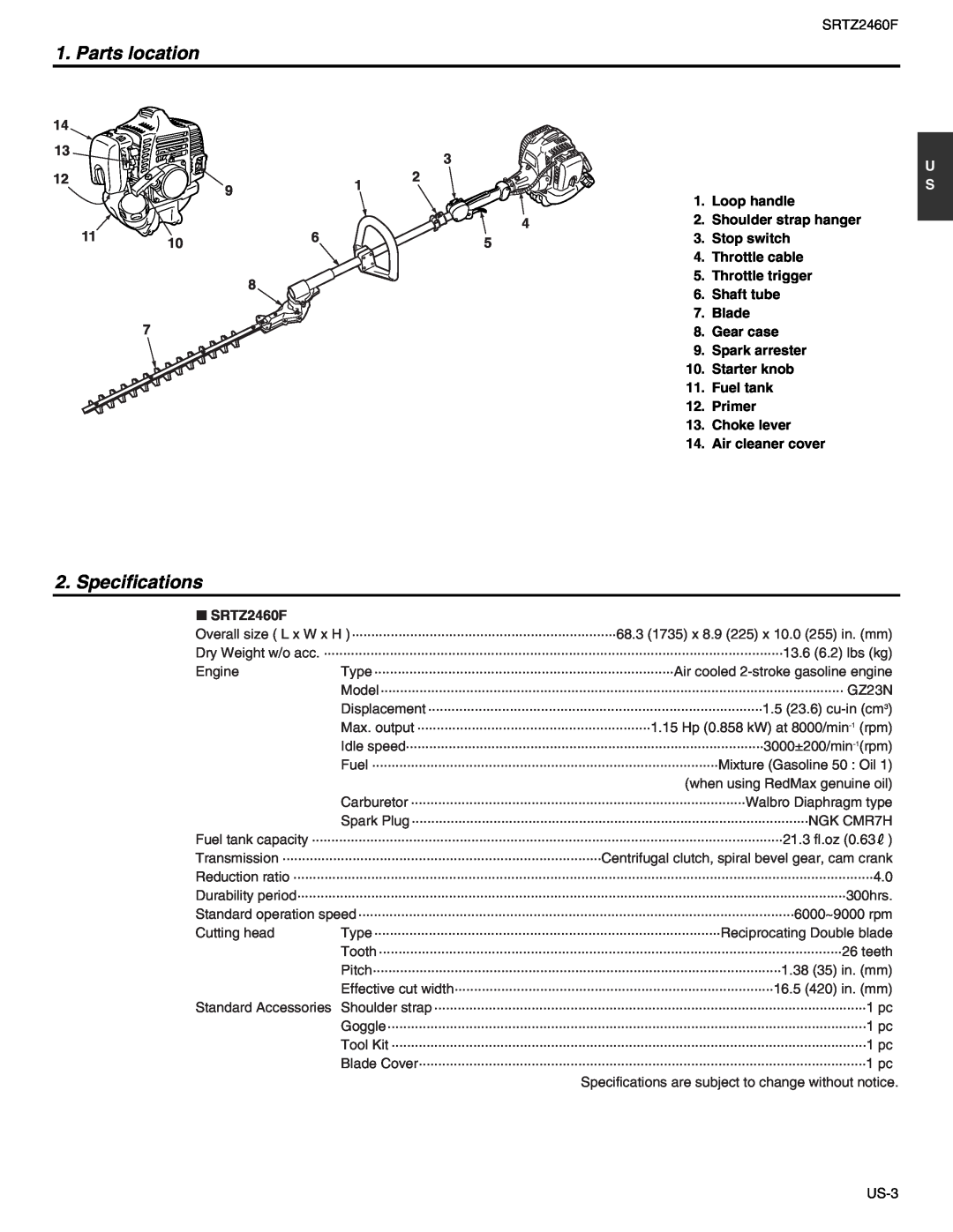 RedMax SRTZ2460F manual Parts location, Specifications 