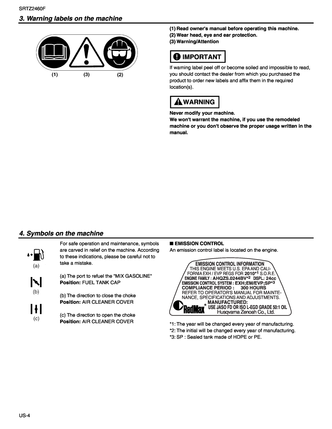 RedMax SRTZ2460F manual Warning labels on the machine, Symbols on the machine, Emission Control Information 