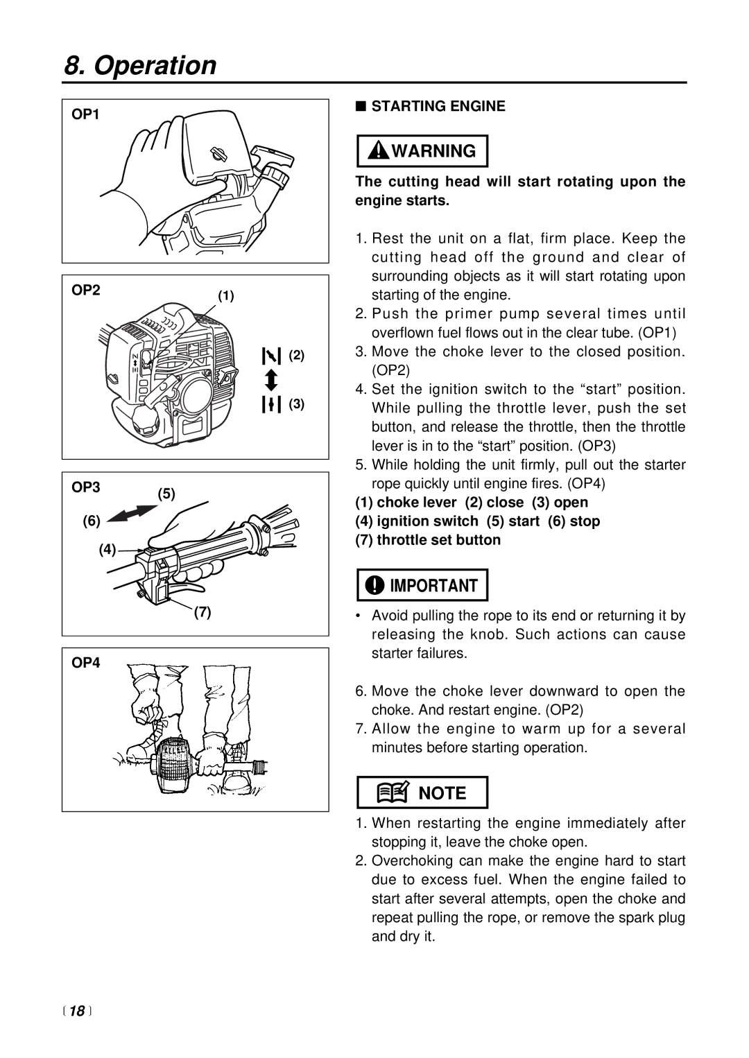 RedMax SRTZ2500 manual Operation, OP1, OP4 Starting Engine,  18  