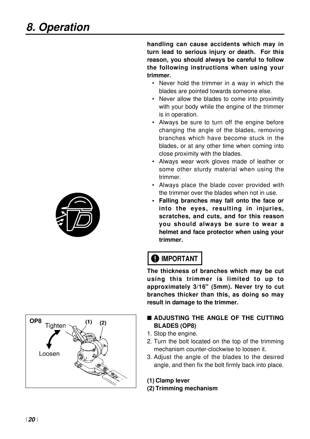 RedMax SRTZ2500 manual Adjusting the Angle of the Cutting Blades OP8,  20  