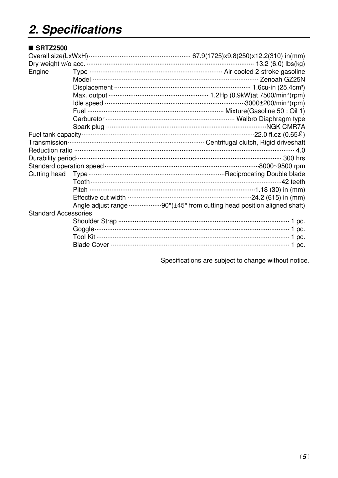 RedMax SRTZ2500 manual Specifications,  5  