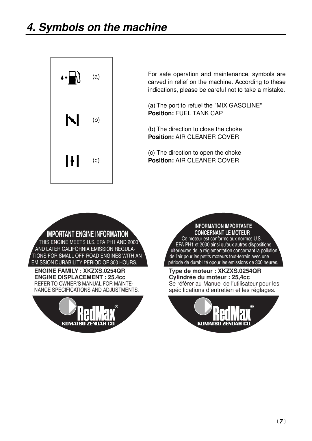 RedMax SRTZ2500 manual Symbols on the machine, Engine Family XKZXS.0254QR,  7  