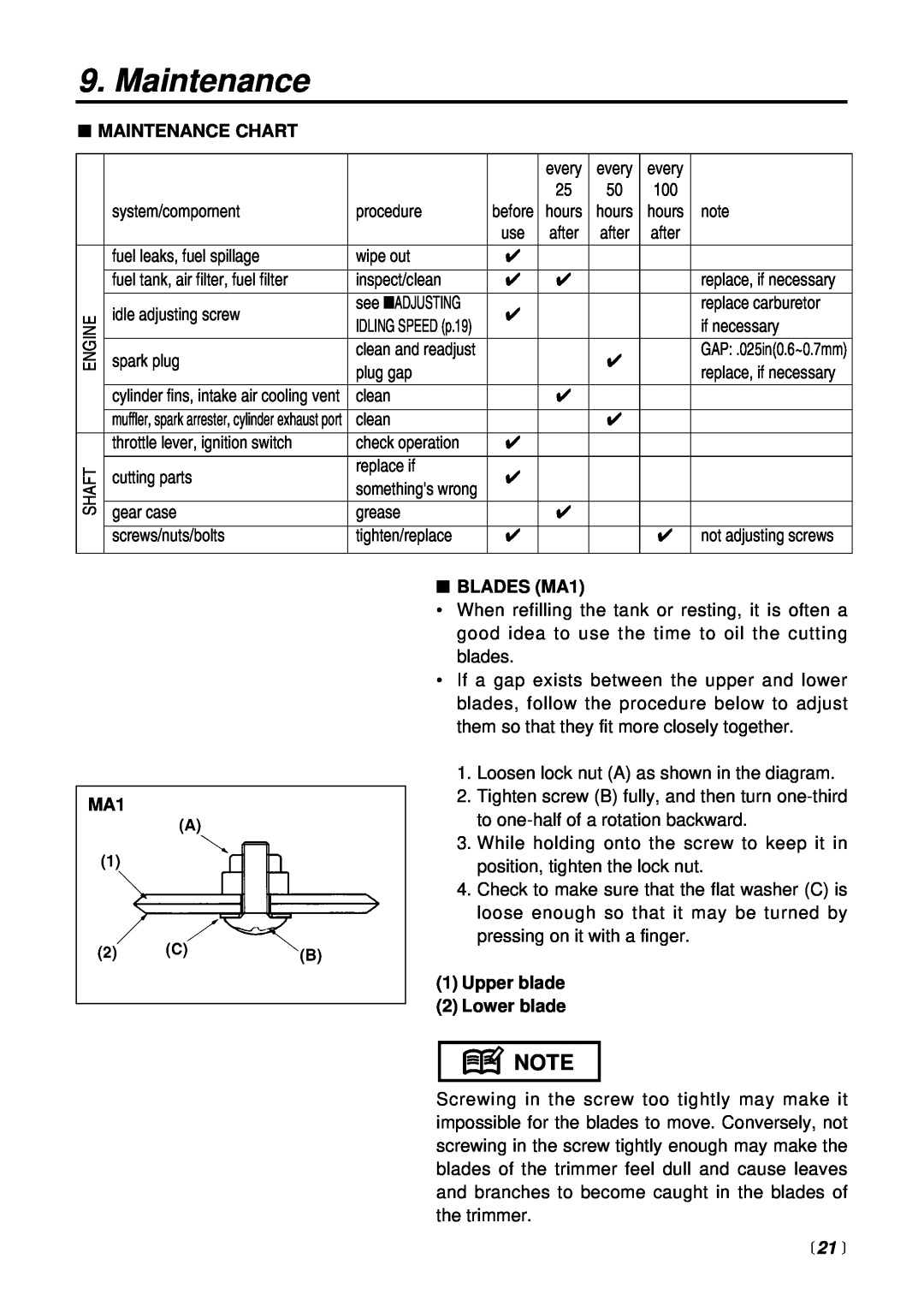RedMax SRTZ2500 manual Maintenance Chart, BLADES MA1, Upper blade 2 Lower blade, 21  
