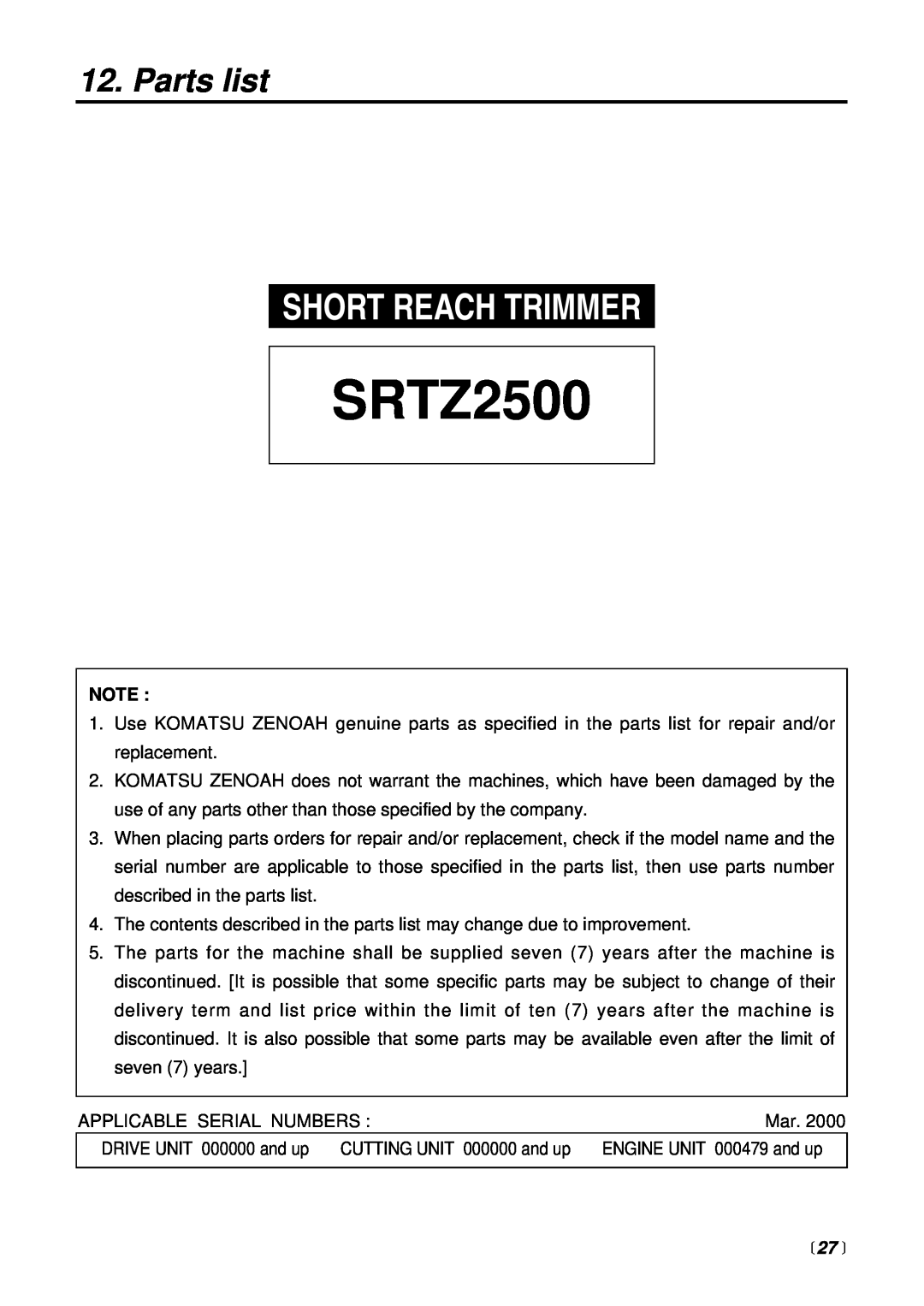 RedMax SRTZ2500 manual Parts list, Short Reach Trimmer,  27  