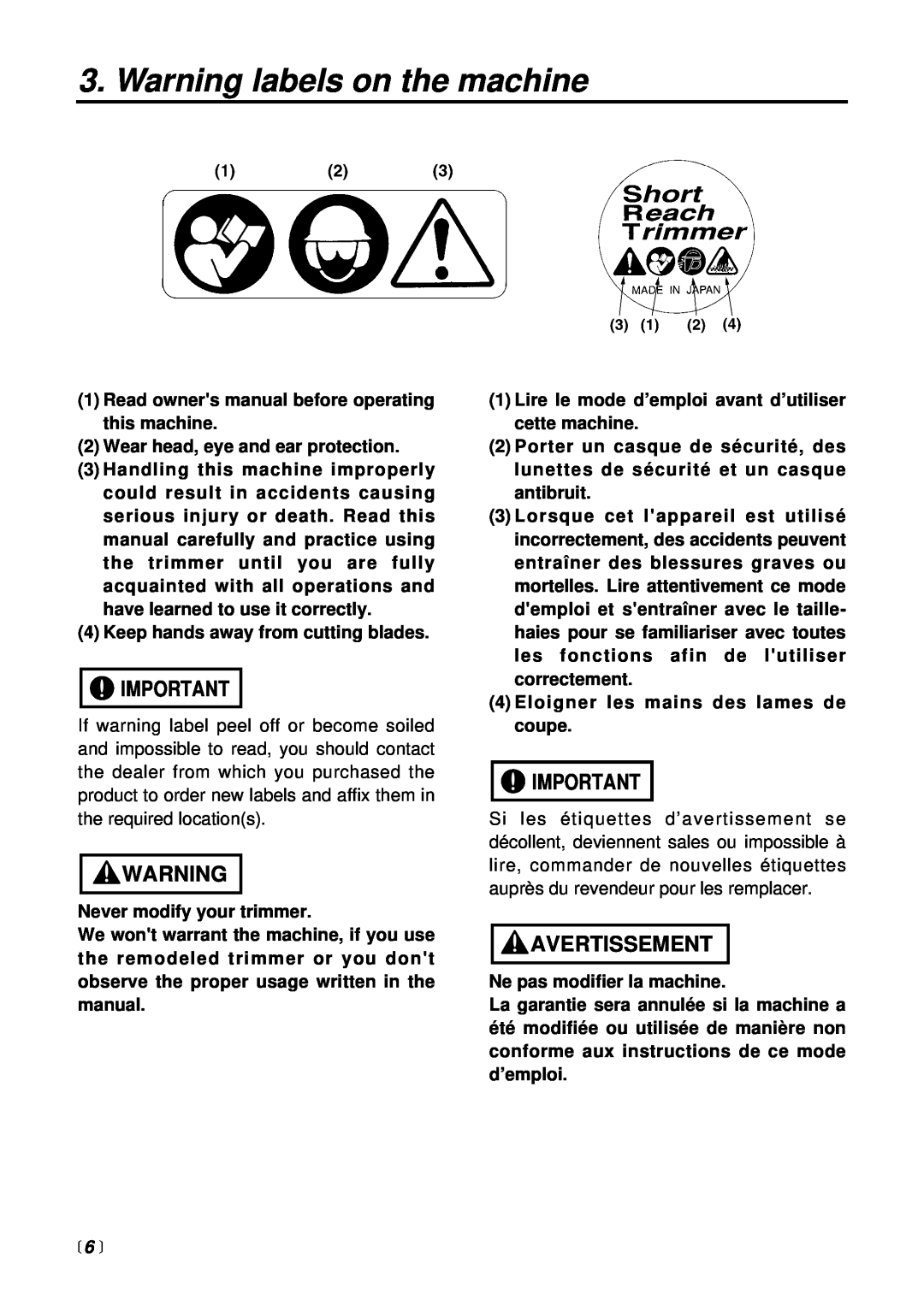 RedMax SRTZ2500 manual Warning labels on the machine, Avertissement,  6  