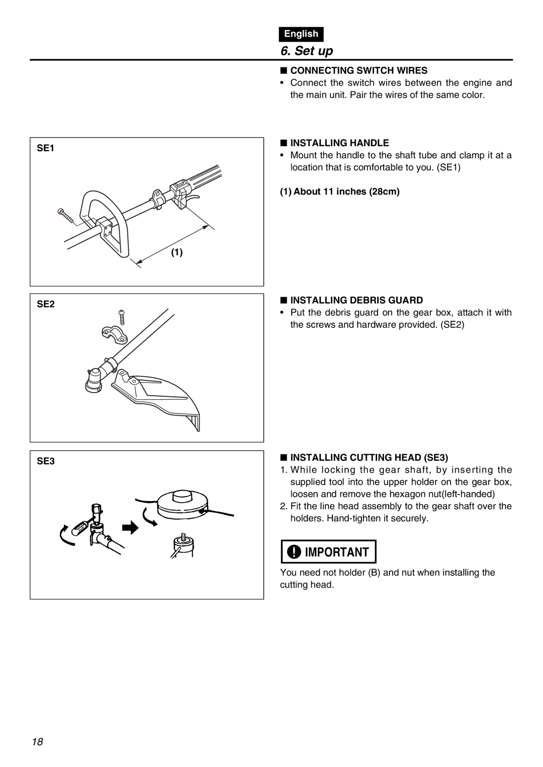 RedMax TR2301S manual Set up, SE1 SE2 SE3 Connecting Switch Wires, Installing Handle, Installing Debris Guard 