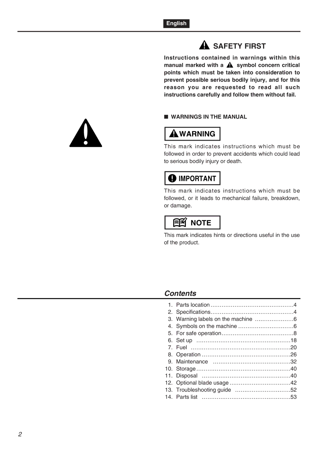 RedMax TR2301S manual Contents 