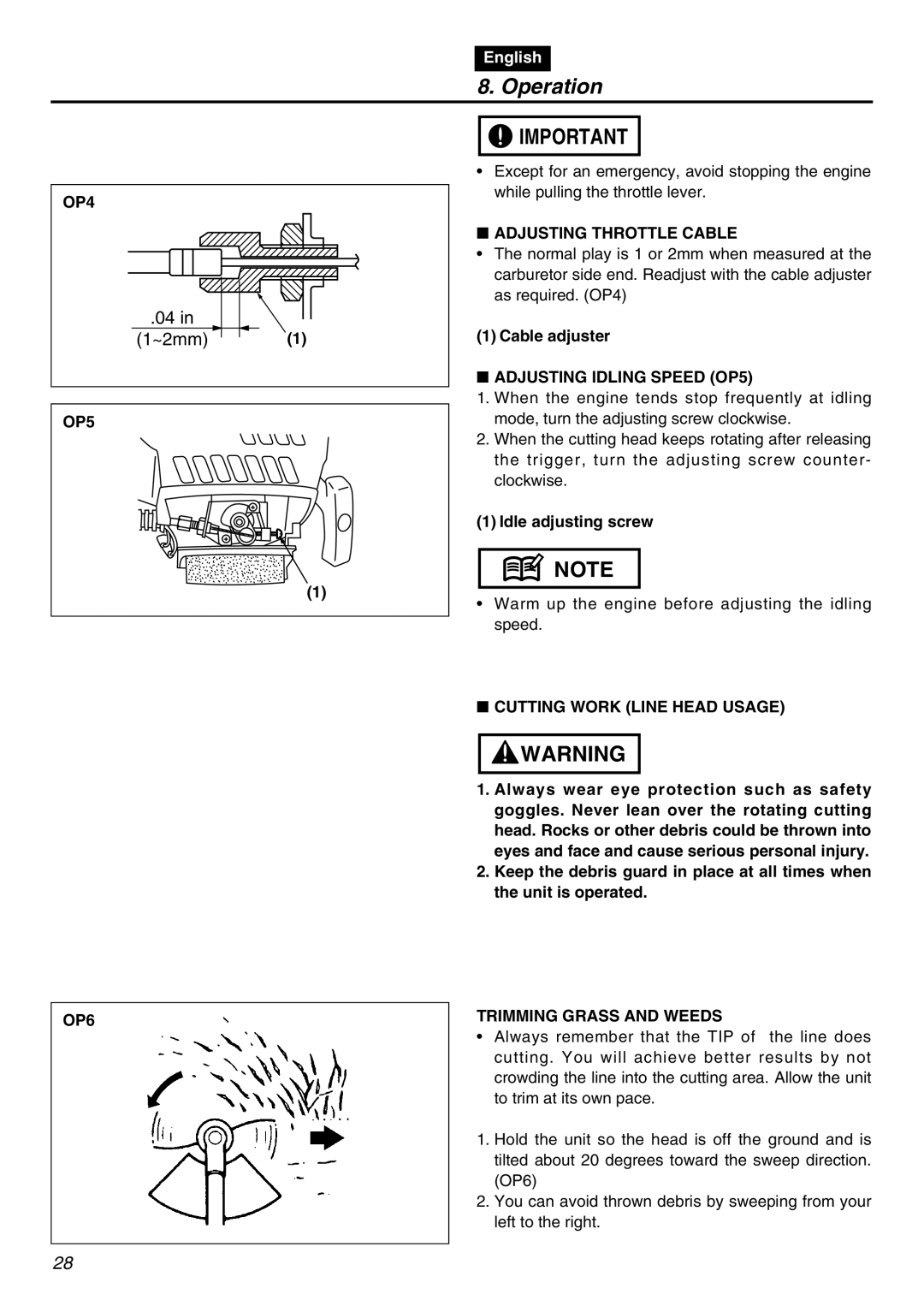 RedMax TR2301S manual OP4, Adjusting Throttle Cable, Adjusting Idling Speed OP5, Cutting Work Line Head Usage OP6 