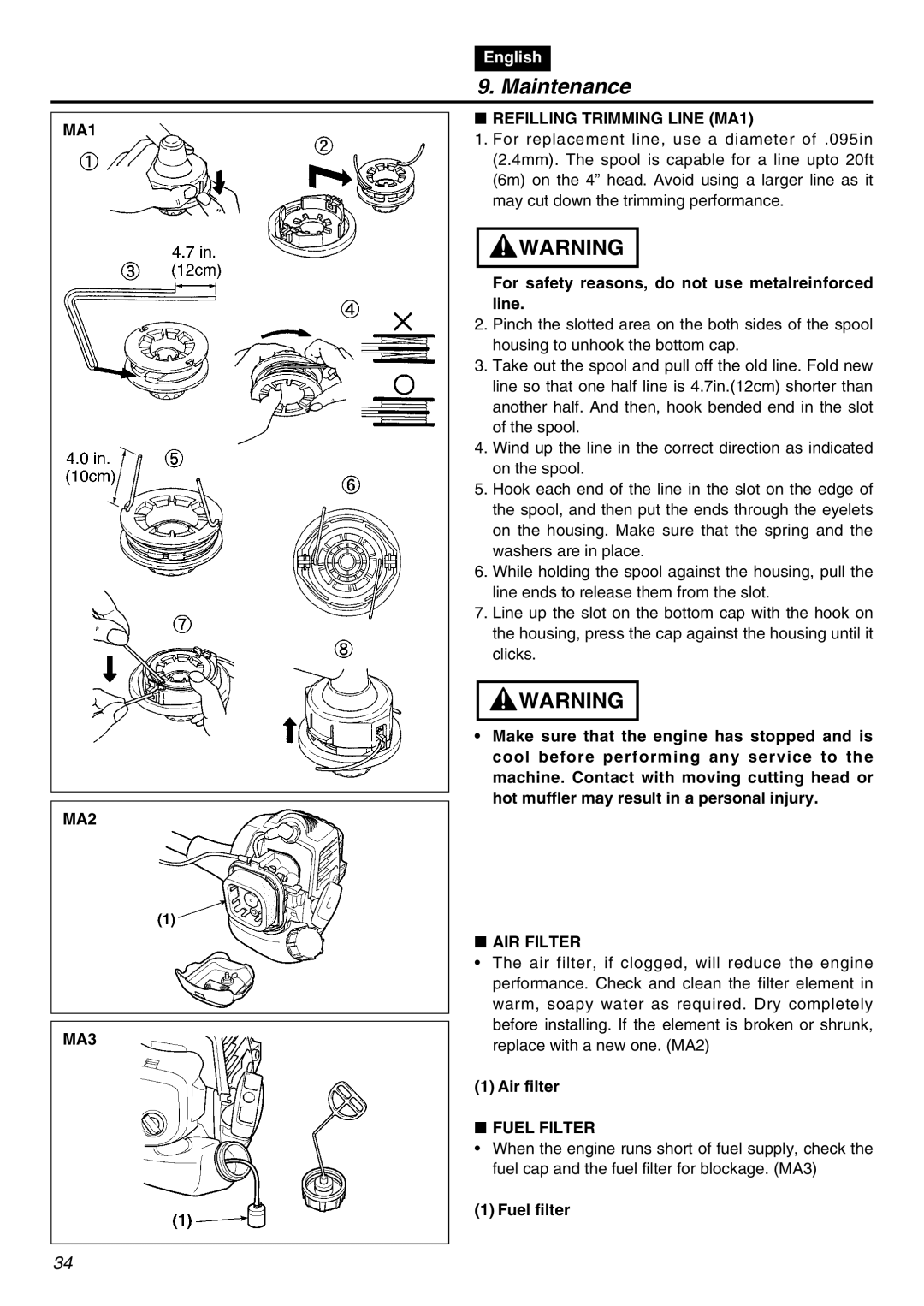 RedMax TR2301S manual MA1 MA2 MA3, Refilling Trimming Line MA1, AIR Filter, Fuel Filter 