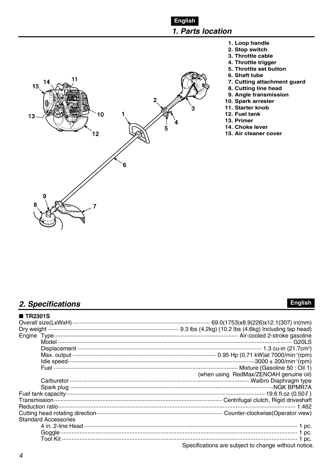 RedMax TR2301S manual Parts location, Specifications 