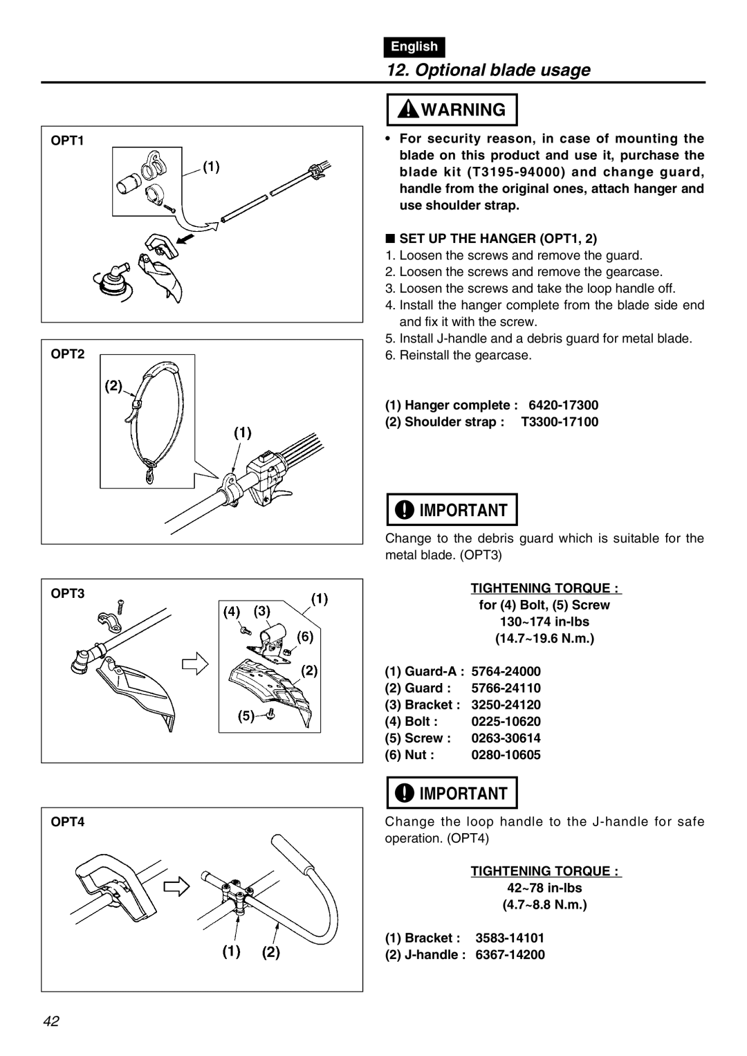 RedMax TR2301S Optional blade usage, OPT1 OPT2 OPT3 OPT4, SET UP the Hanger OPT1, 42~78 in-lbs ~8.8 N.m Bracket Handle 