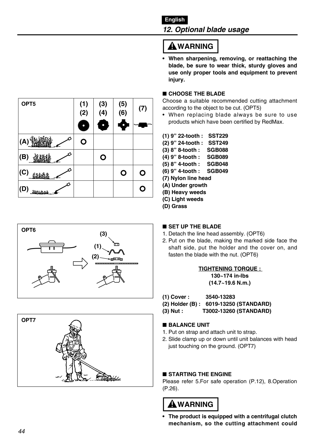 RedMax TR2301S manual OPT5 OPT6 OPT7, Choose the Blade, SET UP the Blade, Balance Unit 