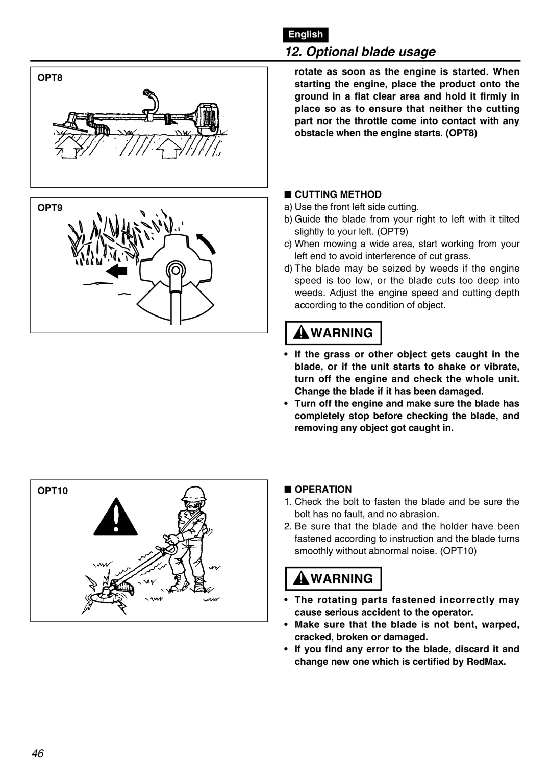 RedMax TR2301S manual OPT8 OPT9 OPT10, Cutting Method, Operation 