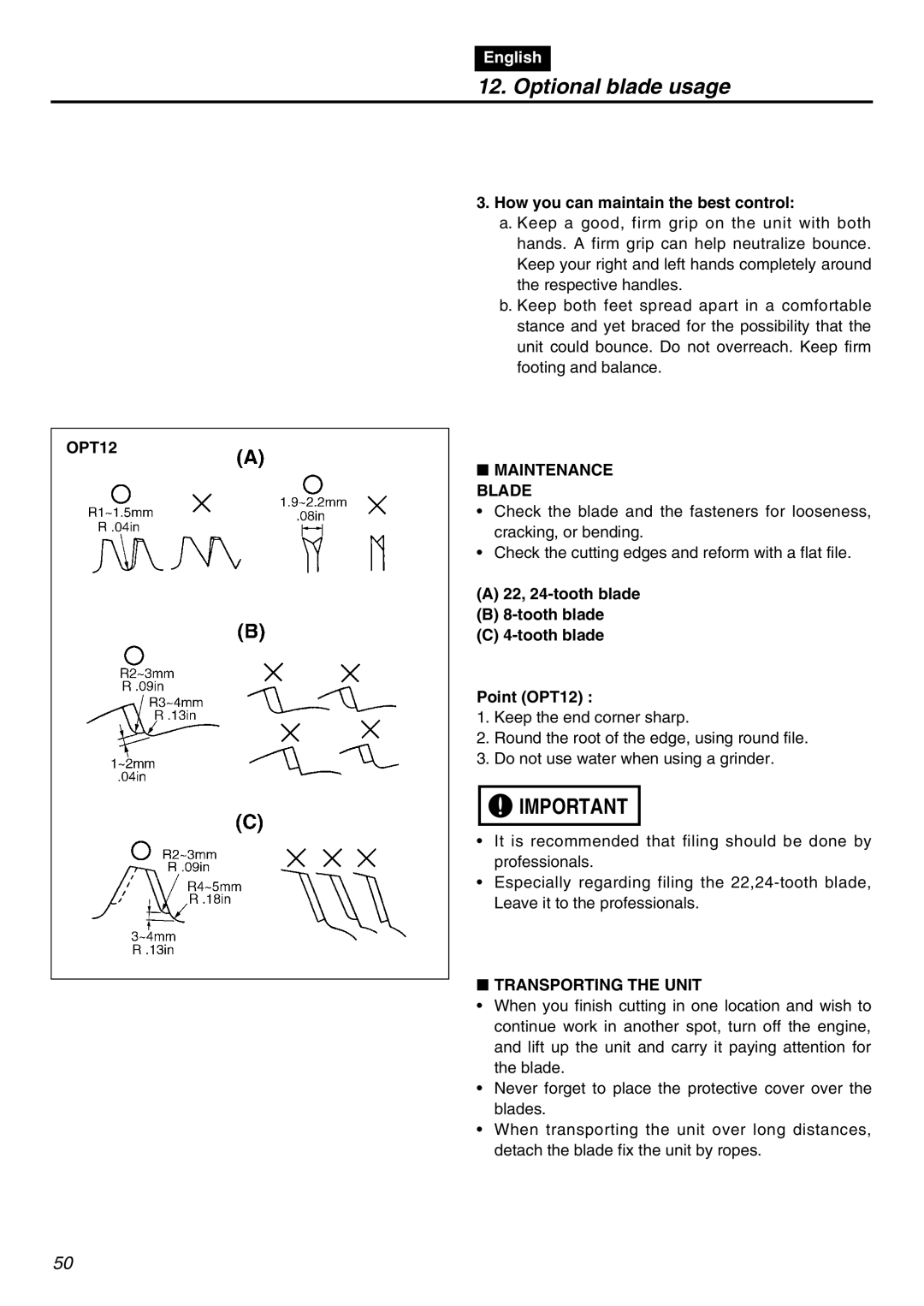 RedMax TR2301S How you can maintain the best control, Maintenance Blade, 22, 24-tooth blade Tooth blade Point OPT12 