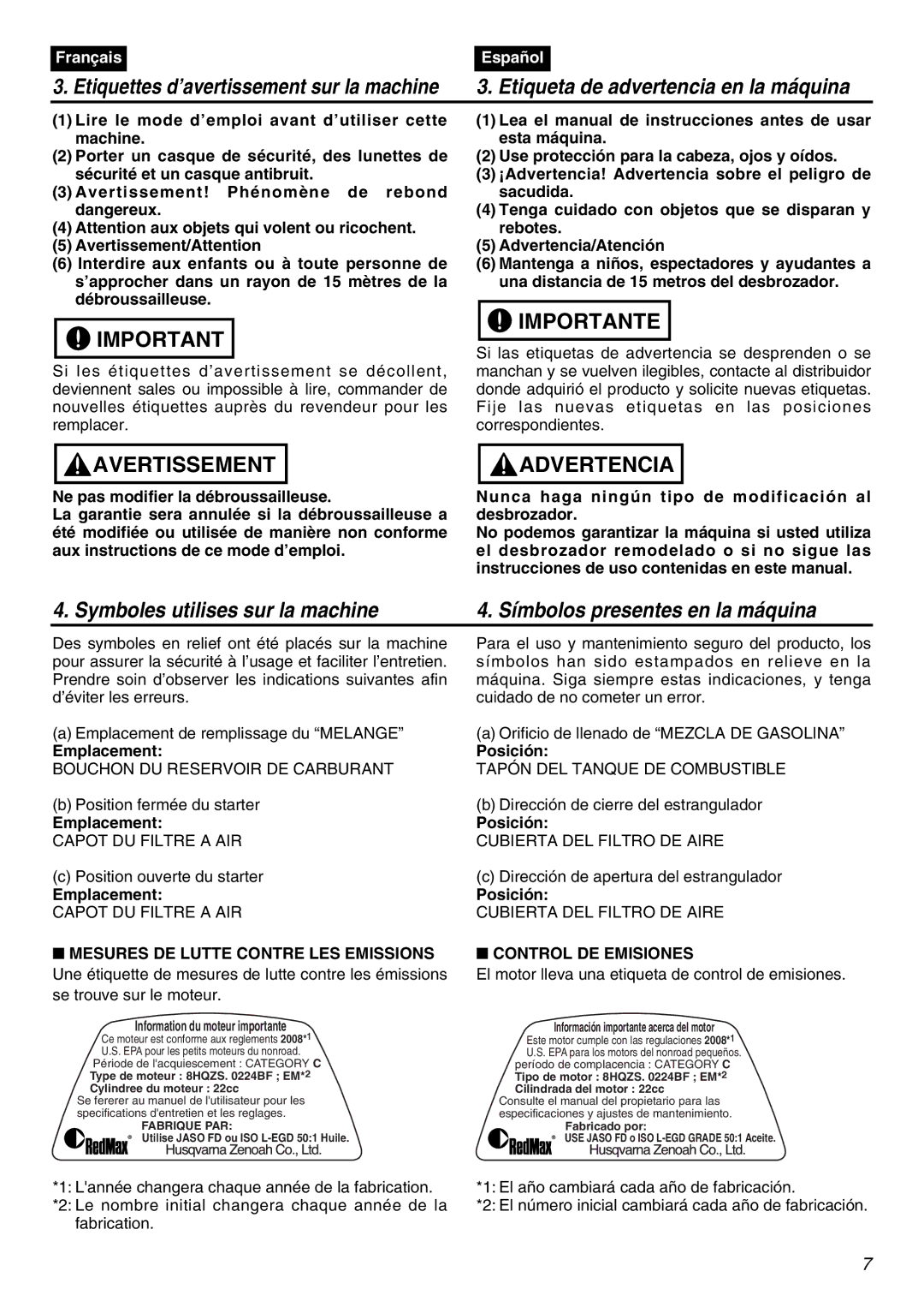 RedMax TR2301S manual Emplacement, Posición, Control DE Emisiones 