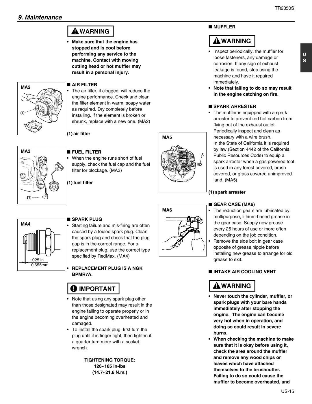 RedMax TR2350S manual MA2 AIR Filter, MA3 Fuel Filter, MA5 MA6 Muffler, Spark Arrester, Gear Case MA6, MA4, Spark Plug 