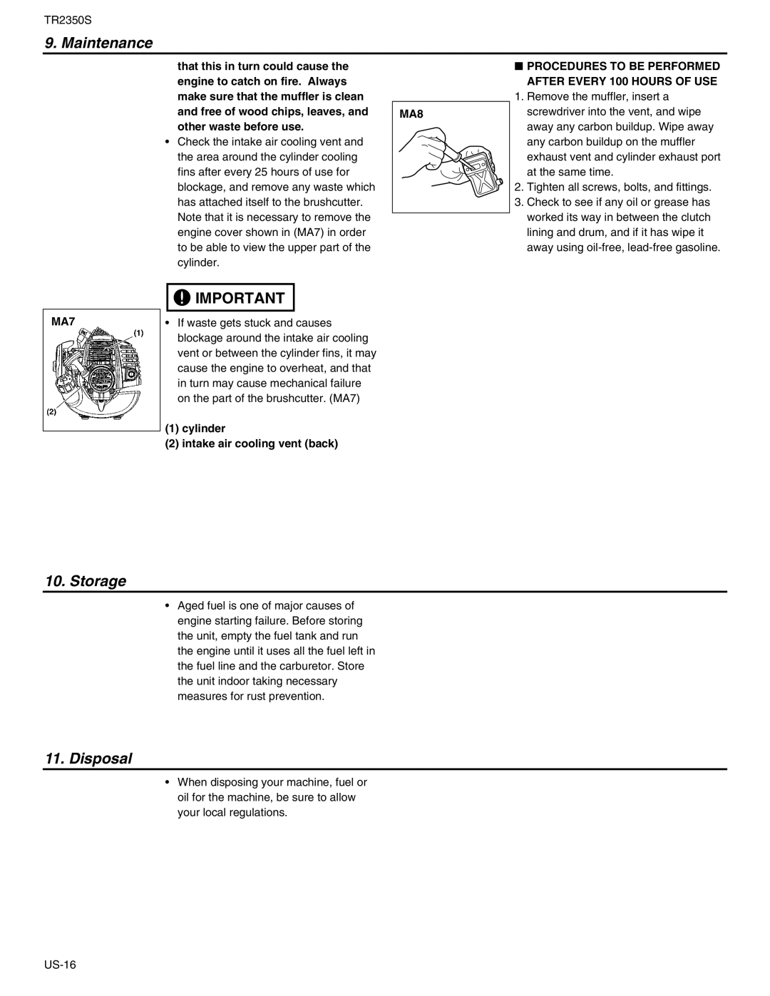 RedMax TR2350S manual Storage, Disposal, MA8 Procedures to be Performed After Every 100 Hours of USE, MA7 