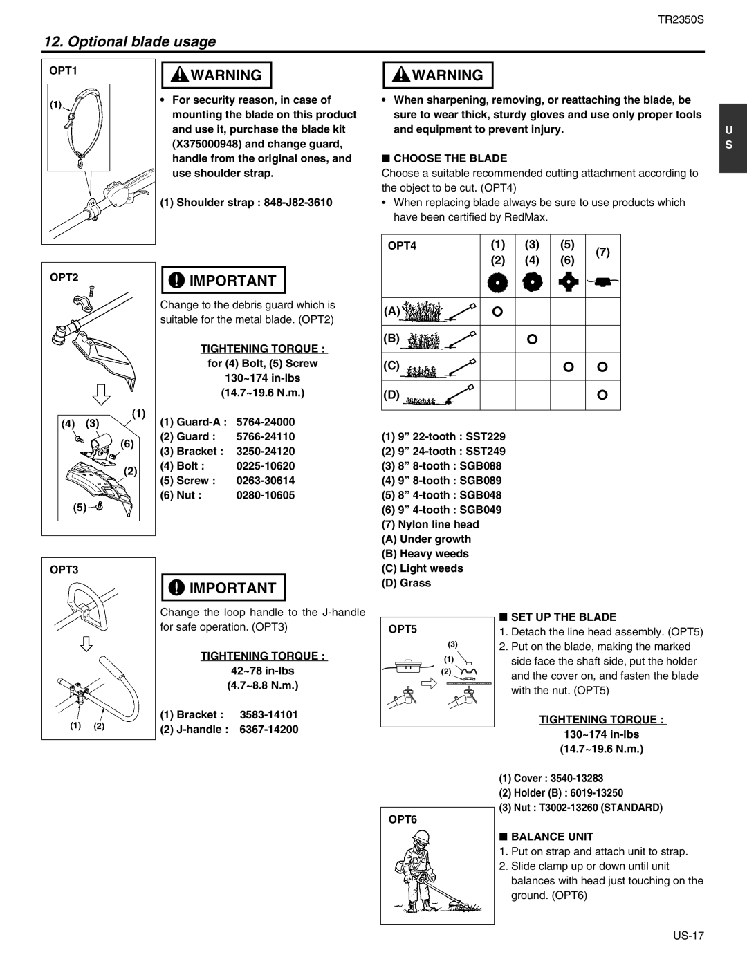 RedMax TR2350S manual Optional blade usage 