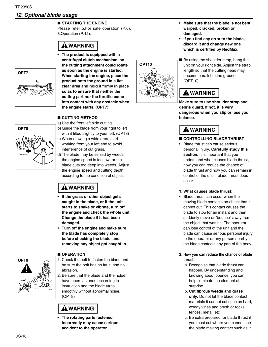 RedMax TR2350S manual OPT7 OPT8 Starting the Engine, Cutting Method, OPT10, Controlling Blade Thrust, OPT9, Operation 