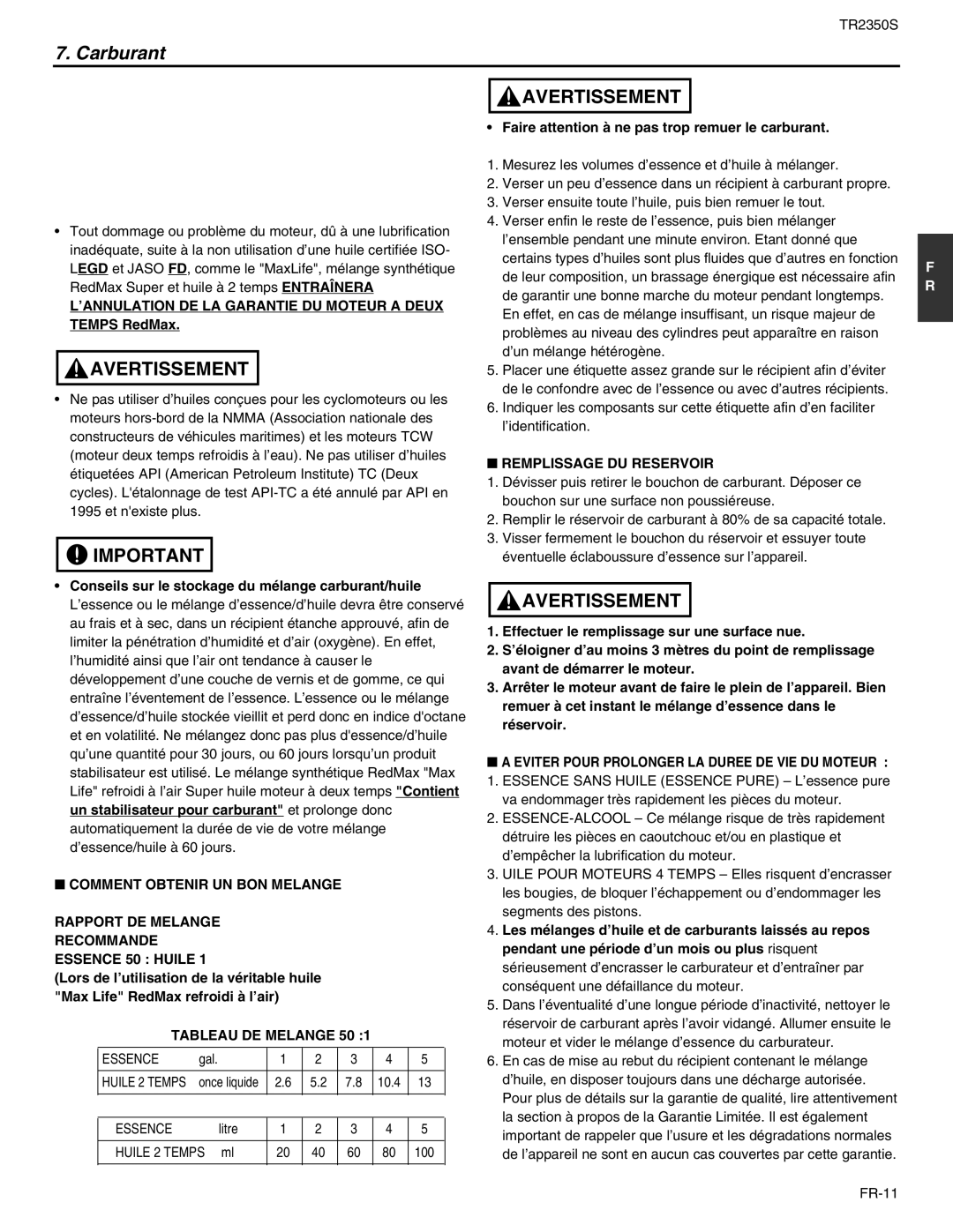 RedMax TR2350S manual ’ANNULATION DE LA Garantie DU Moteur a Deux, Remplissage DU Reservoir, Tableau DE Melange 50 