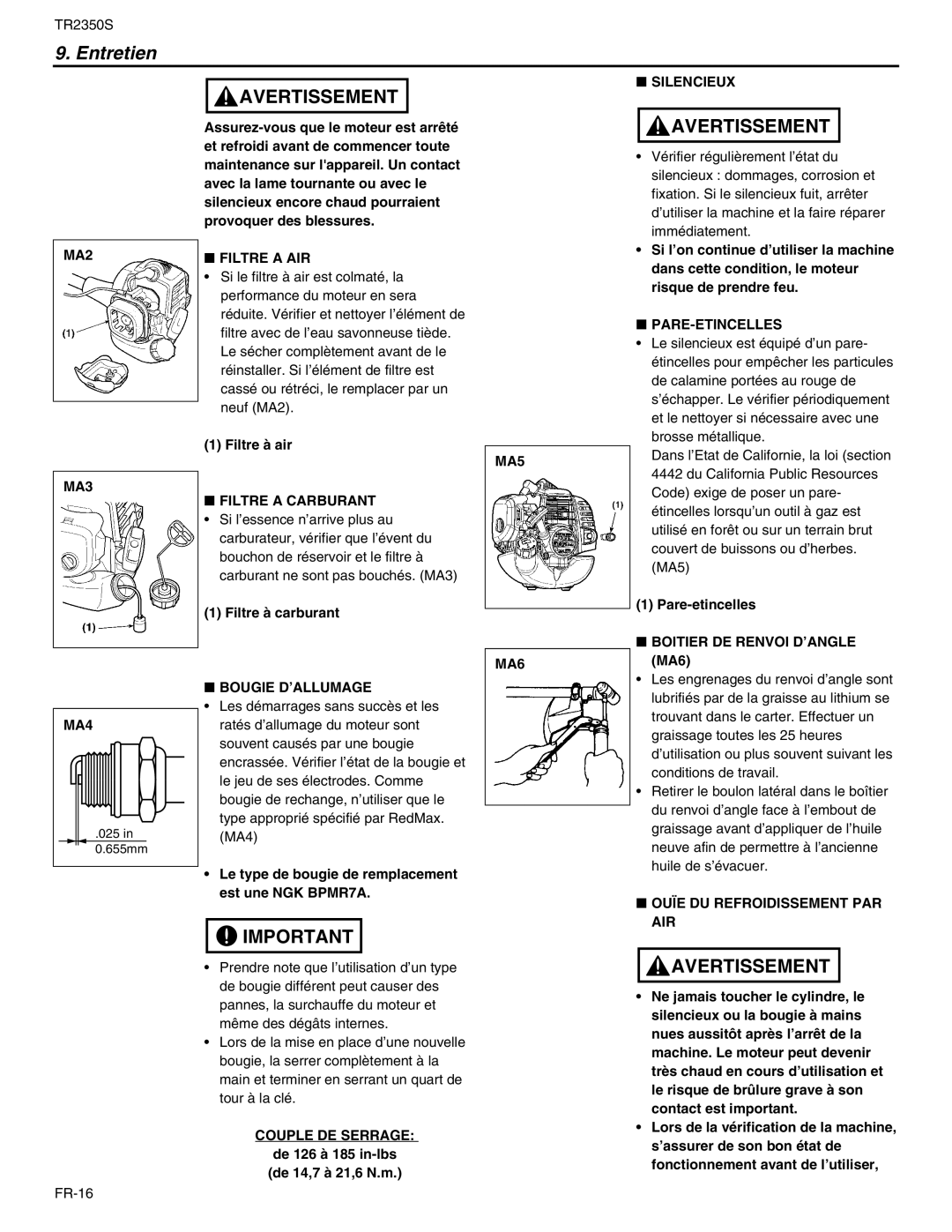 RedMax TR2350S manual Silencieux, MA2 Filtre a AIR, MA3 Filtre a Carburant, Bougie D’ALLUMAGE MA5 MA6, Pare-Etincelles, Air 