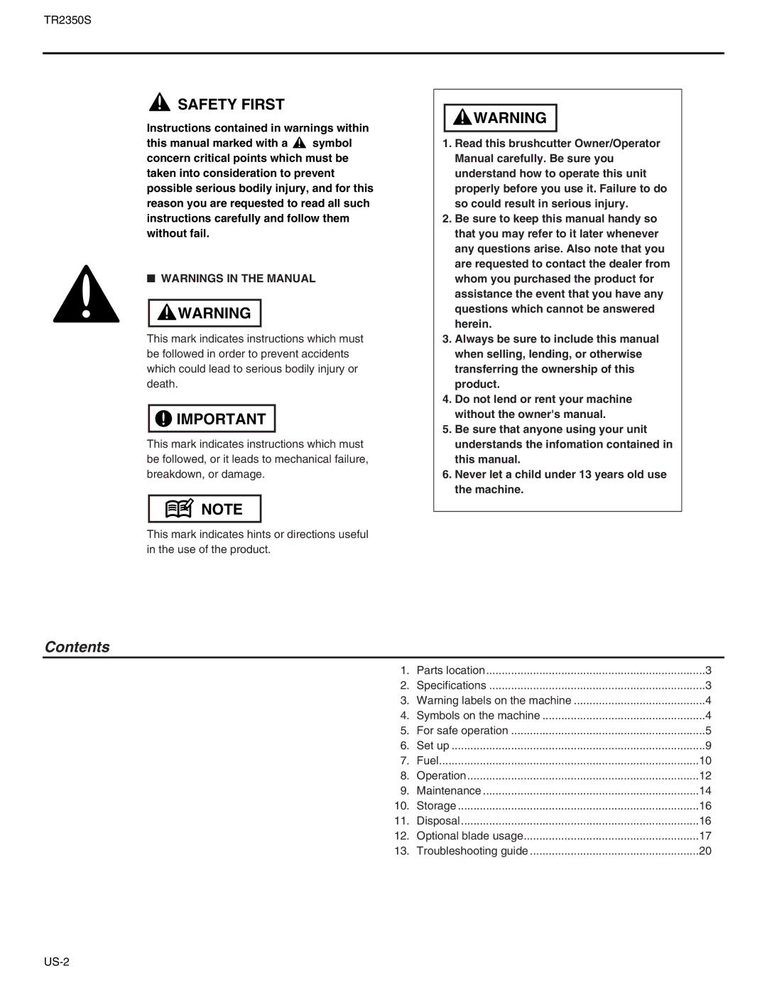 RedMax TR2350S manual Contents 