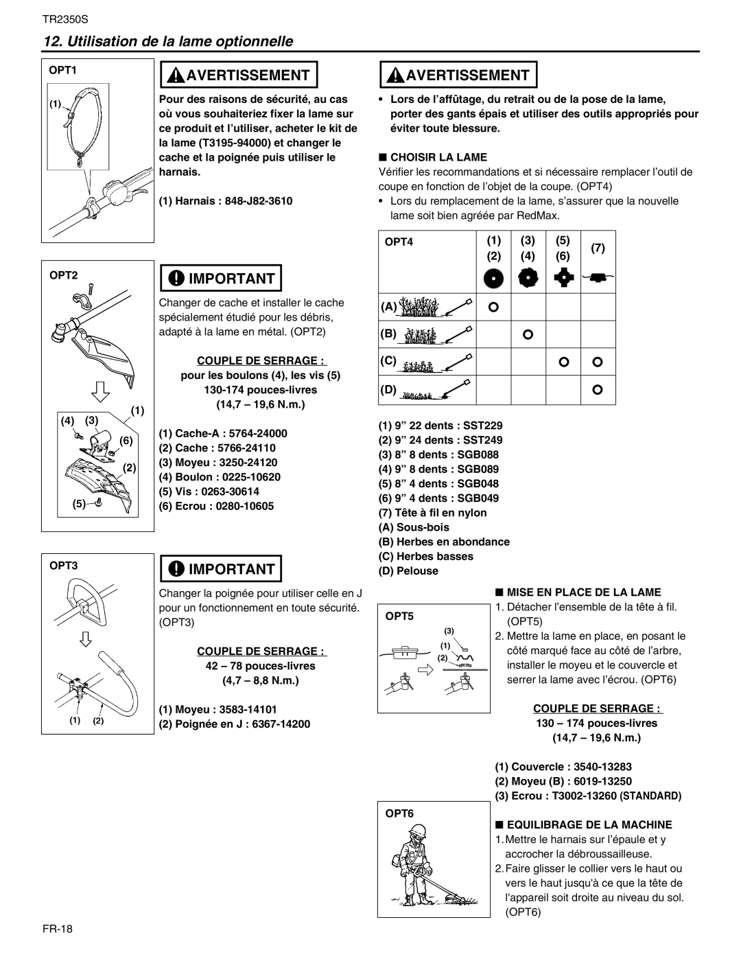 RedMax TR2350S Utilisation de la lame optionnelle, Choisir LA Lame, Mise EN Place DE LA Lame, Equilibrage DE LA Machine 