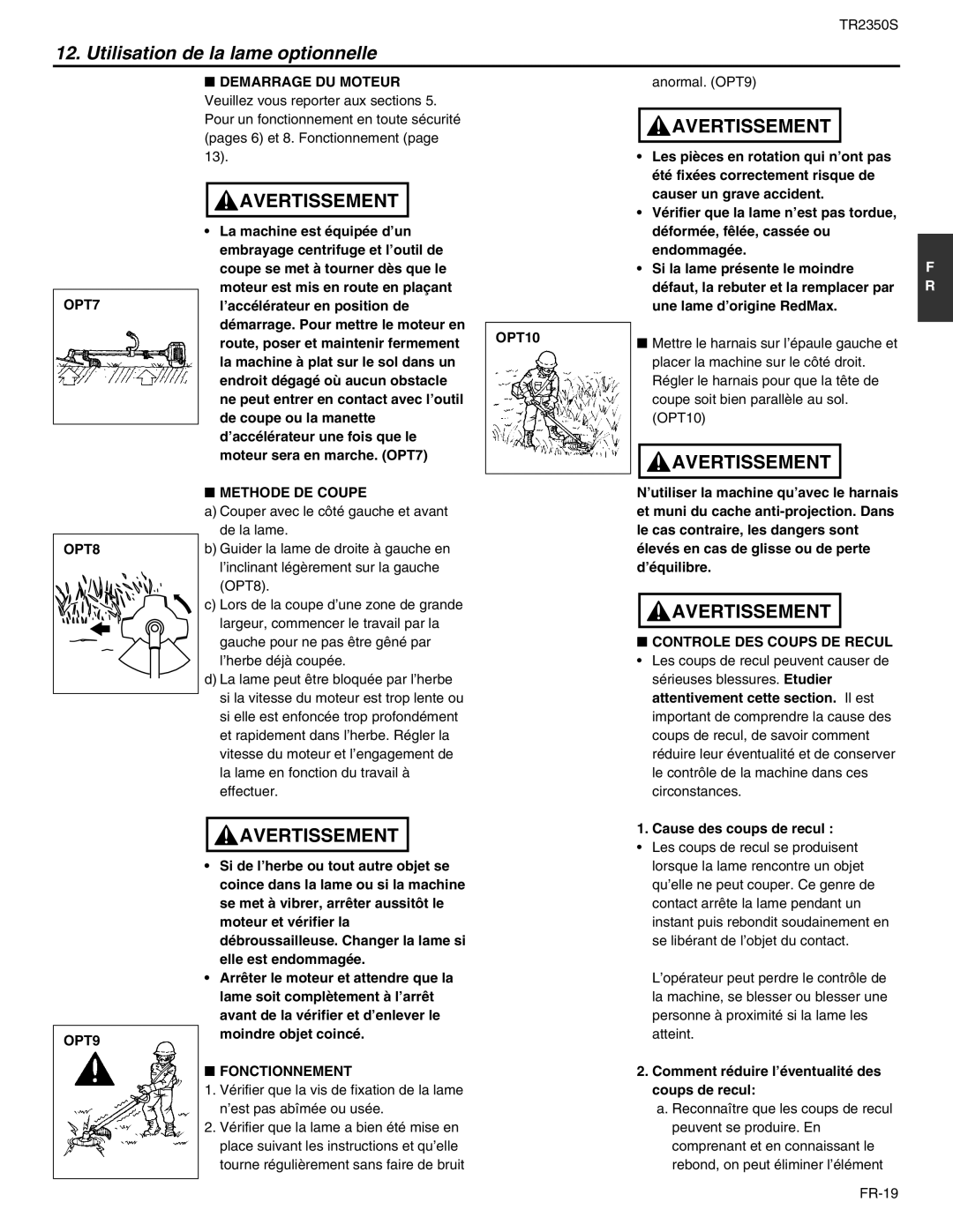 RedMax TR2350S manual OPT7 OPT8 OPT9, Methode DE Coupe, Fonctionnement, Controle DES Coups DE Recul 