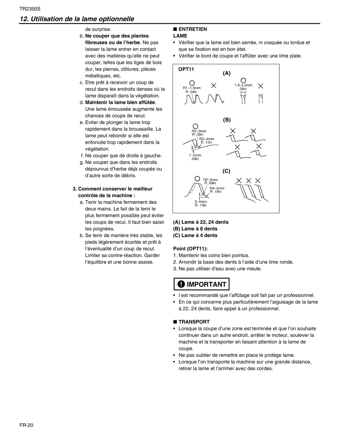 RedMax TR2350S manual Comment conserver le meilleur contrôle de la machine, Entretien Lame 