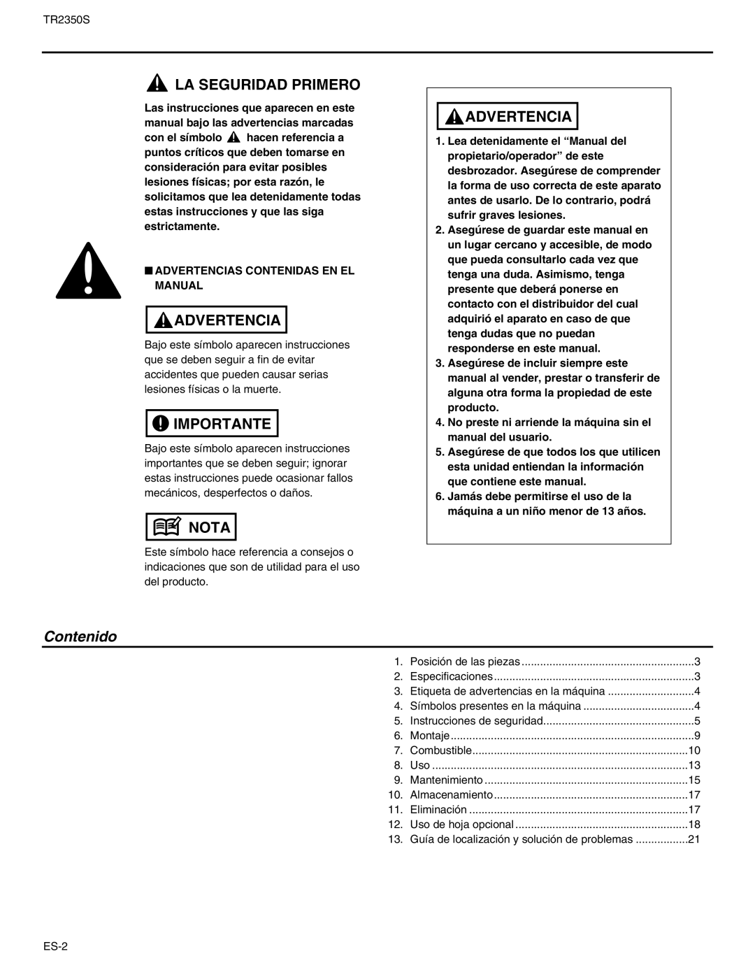 RedMax TR2350S manual Contenido, Advertencias Contenidas EN EL Manual 