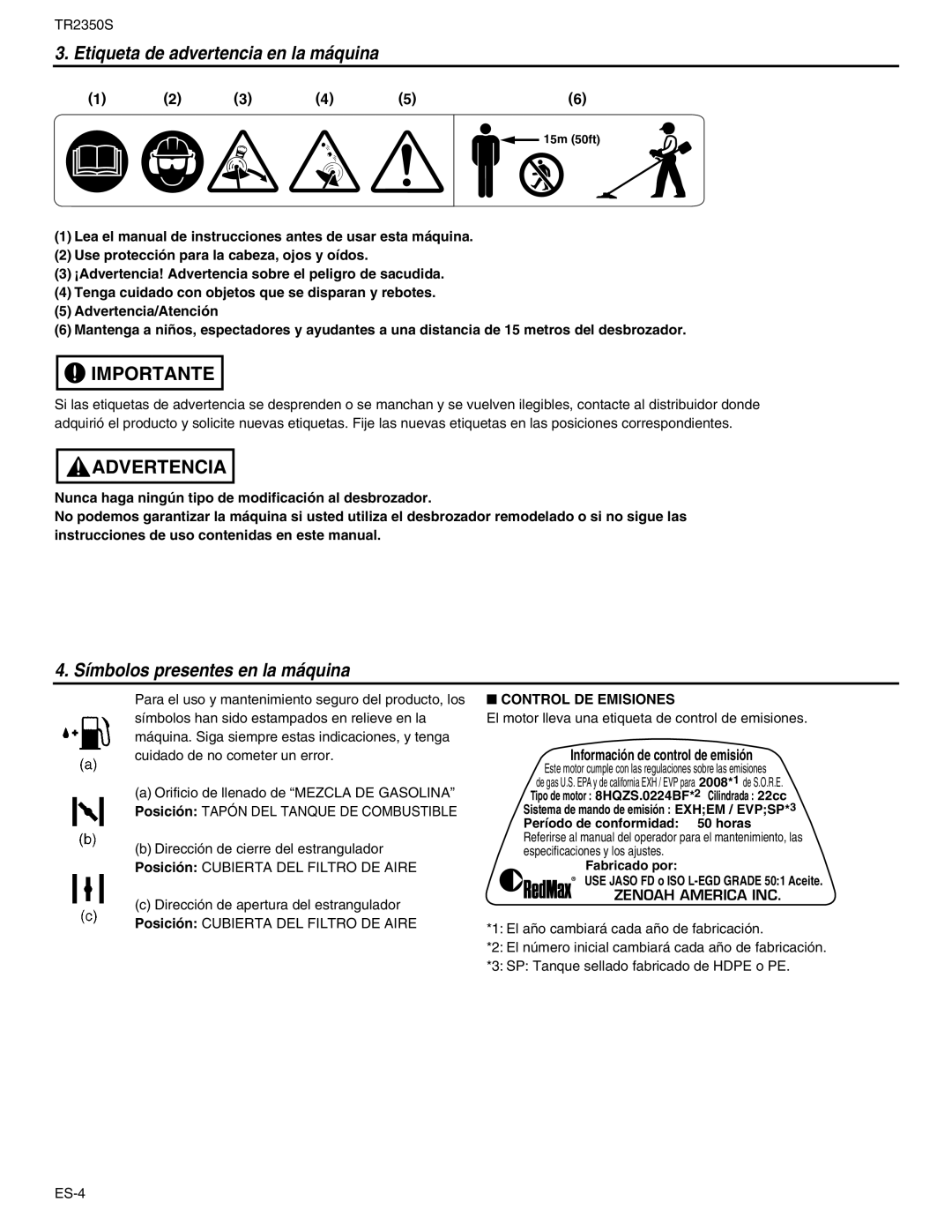 RedMax TR2350S manual Etiqueta de advertencia en la máquina, Símbolos presentes en la máquina, Control DE Emisiones 