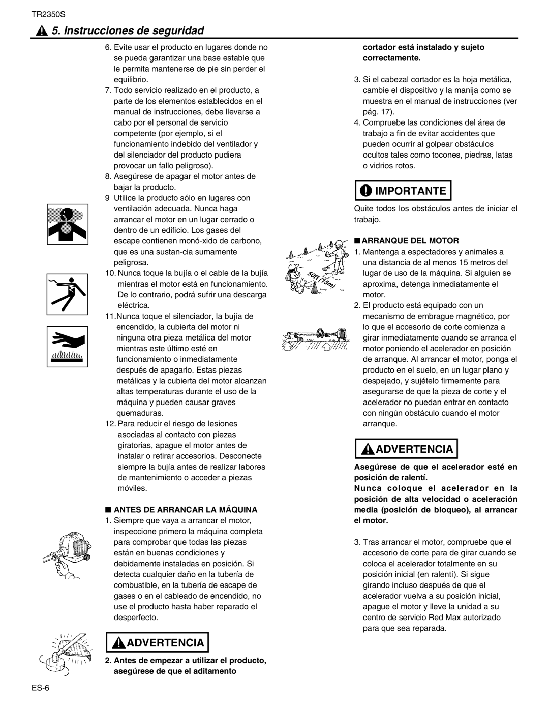 RedMax TR2350S manual Antes DE Arrancar LA Máquina, Arranque DEL Motor 