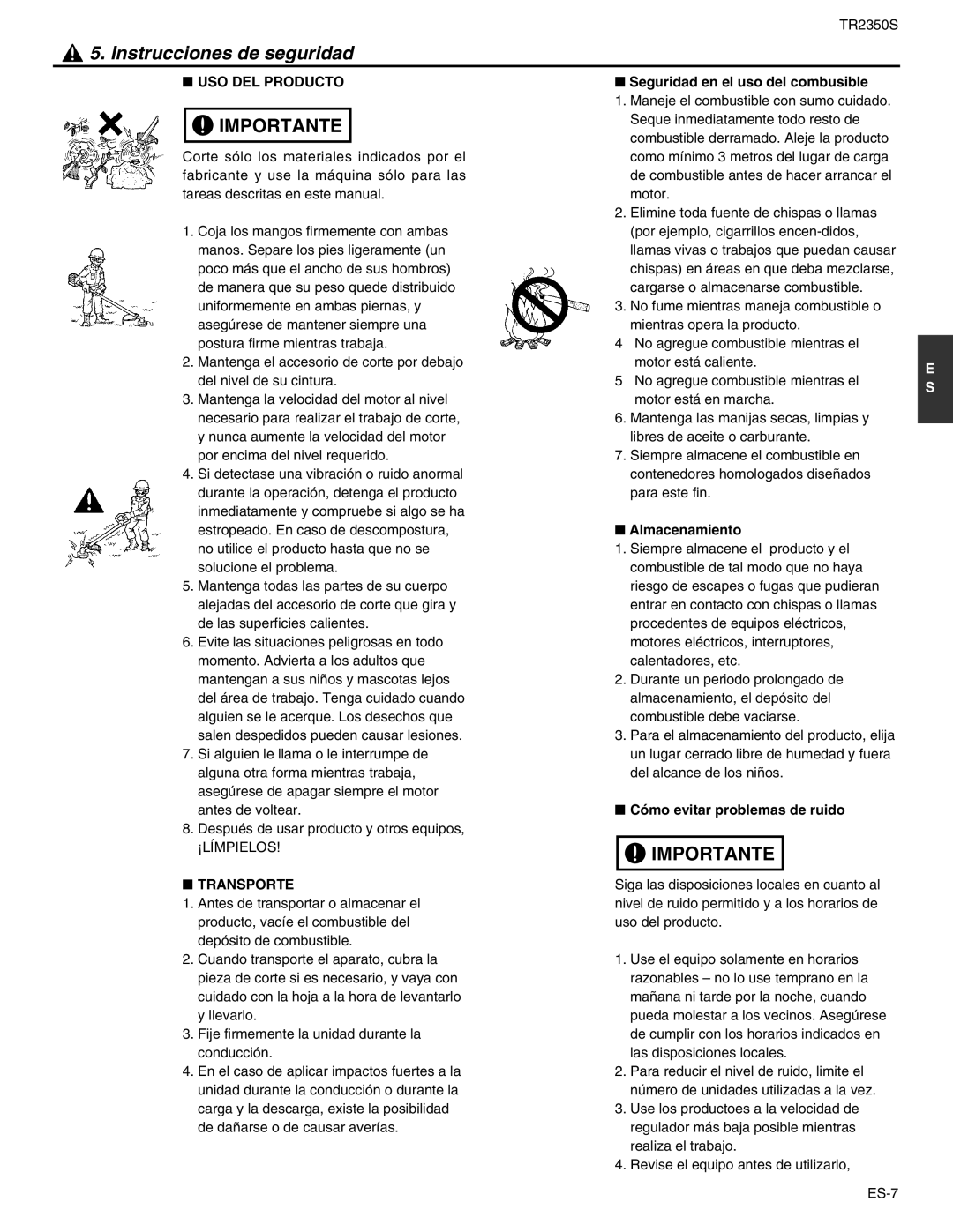 RedMax TR2350S manual USO DEL Producto, Transporte, Seguridad en el uso del combusible, Almacenamiento 