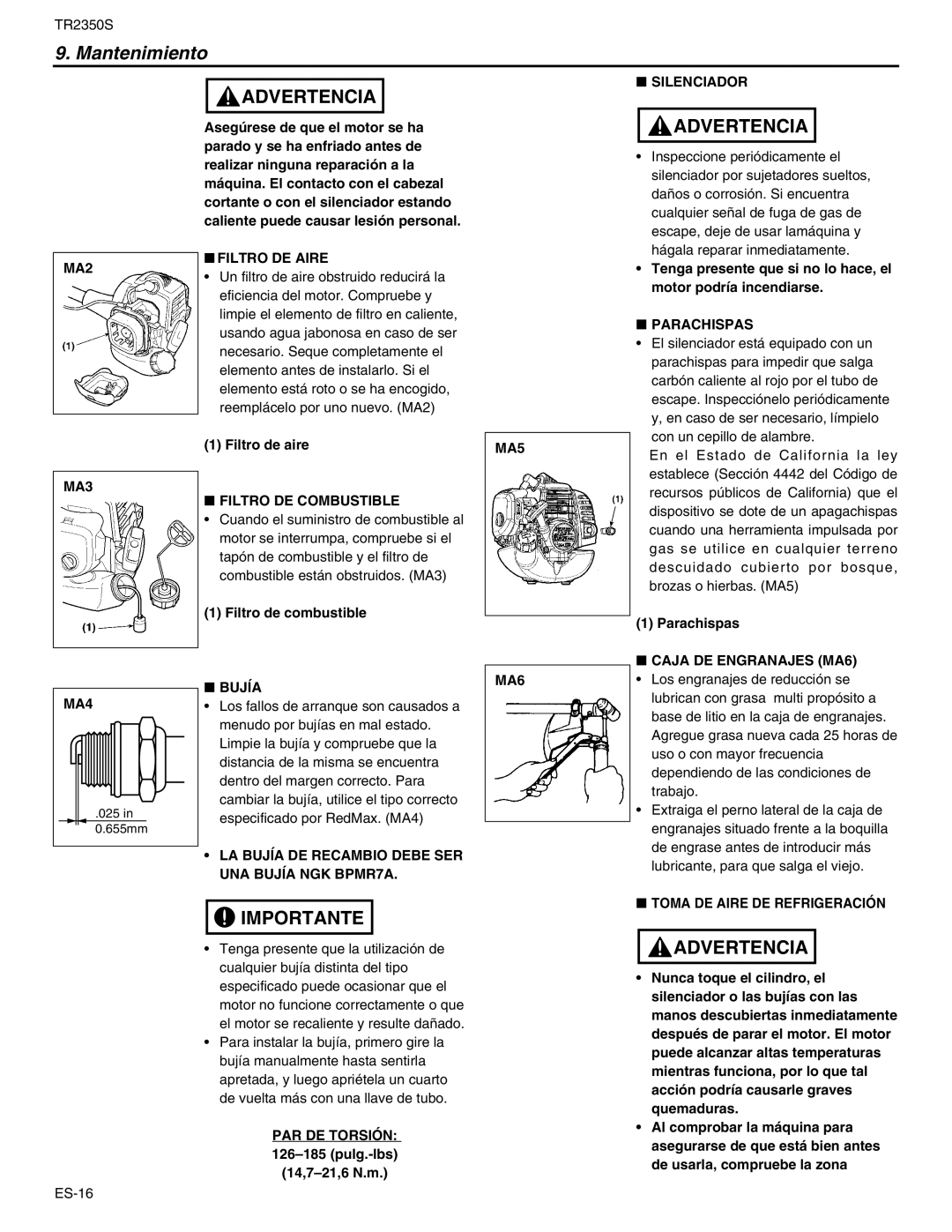 RedMax TR2350S manual Filtro DE Aire, MA2, MA3 Filtro DE Combustible, Silenciador, Parachispas, Bujía, PAR DE Torsión 