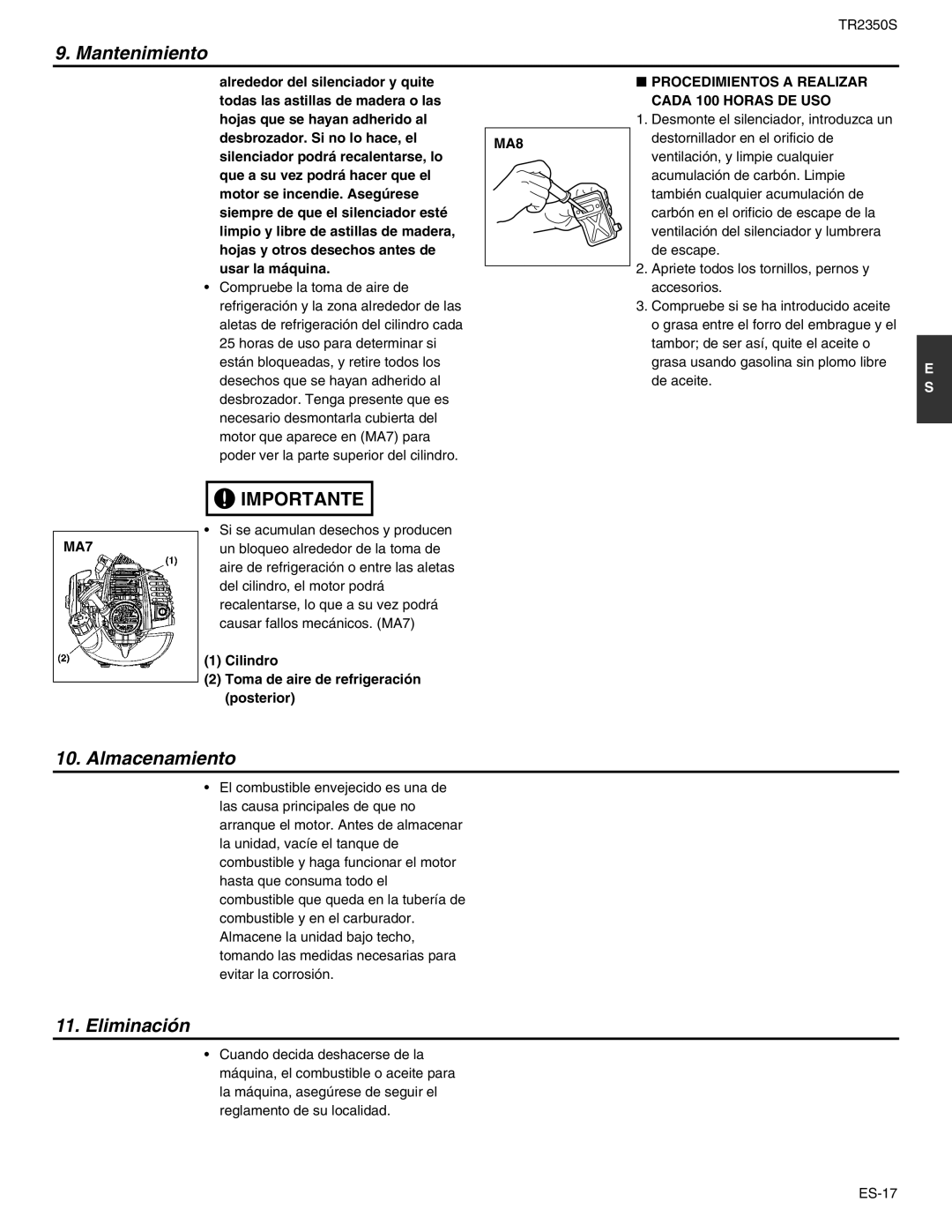 RedMax TR2350S manual Almacenamiento, Eliminación, MA8 Procedimientos a Realizar Cada 100 Horas DE USO 