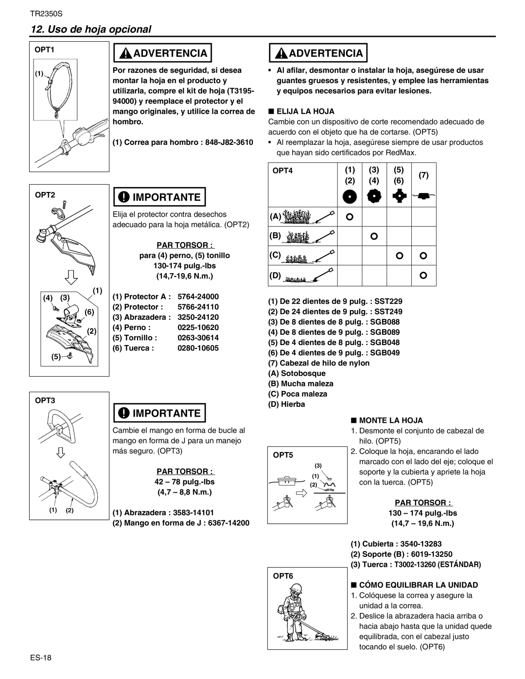 RedMax TR2350S manual Uso de hoja opcional, PAR Torsor, Elija LA Hoja, Monte LA Hoja, Cómo Equilibrar LA Unidad 