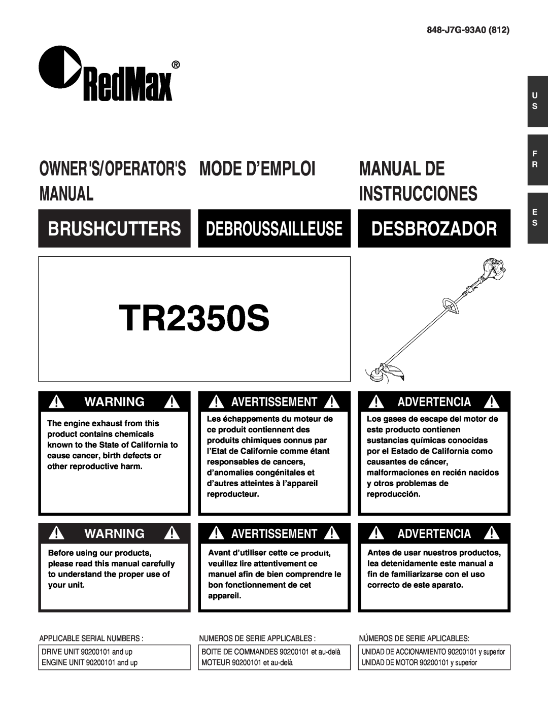 RedMax TR2350S manual Manual De, Desbrozador, Warningavertissement, Advertencia, Avertissement, 848-J7G-93A0812 