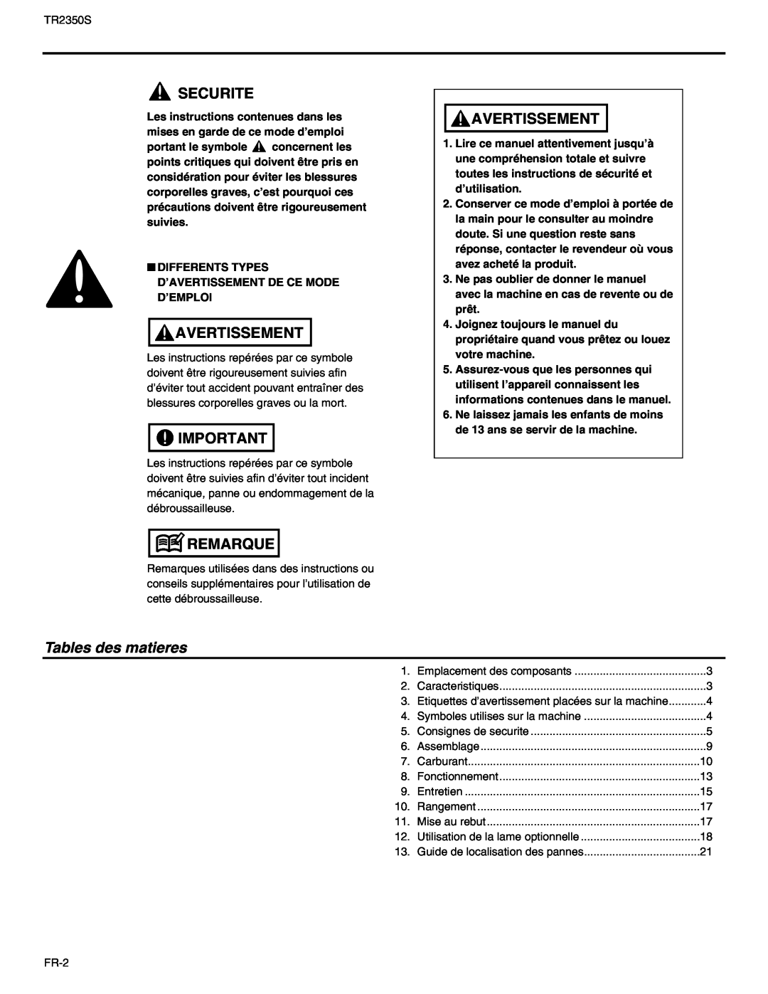 RedMax TR2350S manual Securite, Avertissement, Remarque, Tables des matieres 