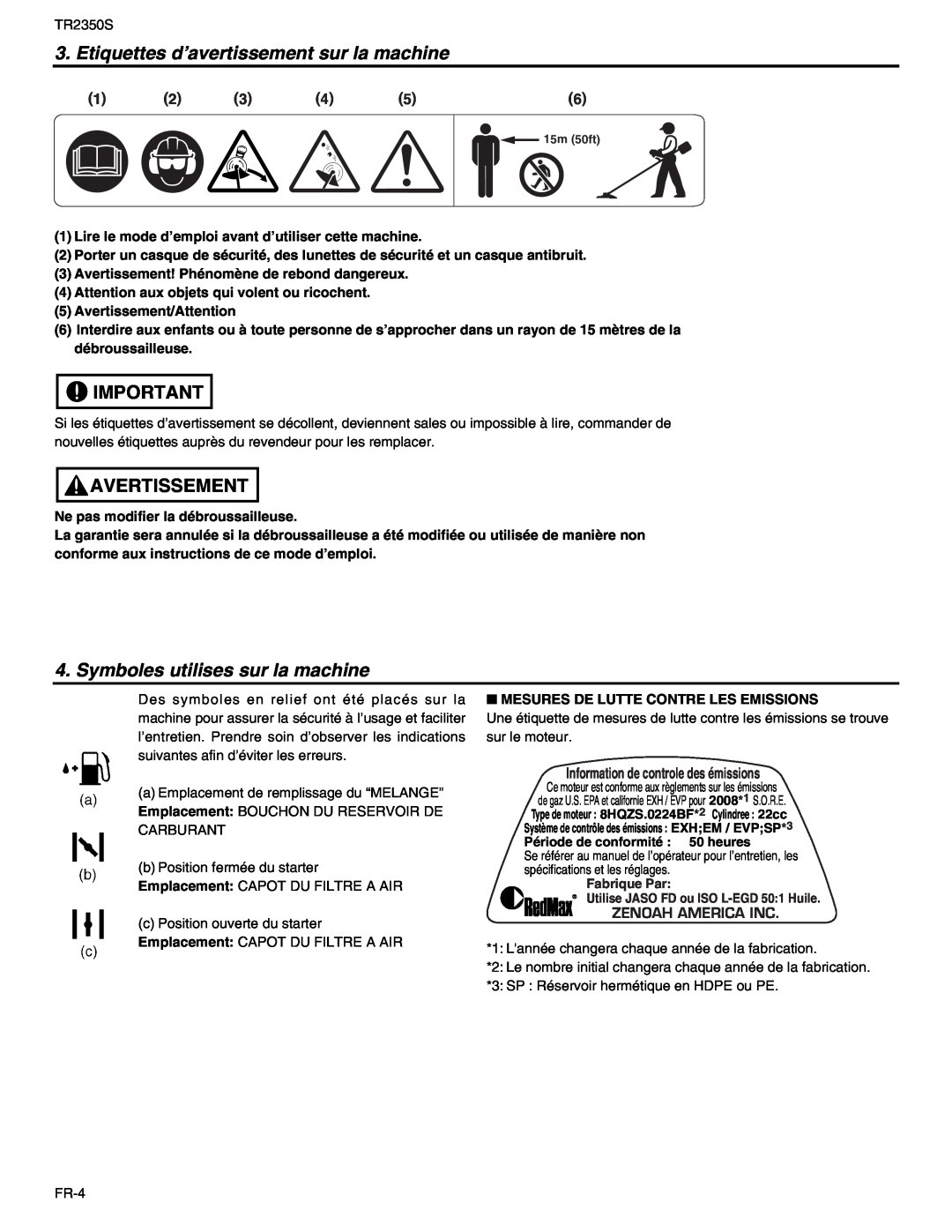 RedMax TR2350S manual Etiquettes d’avertissement sur la machine, Symboles utilises sur la machine, Avertissement 