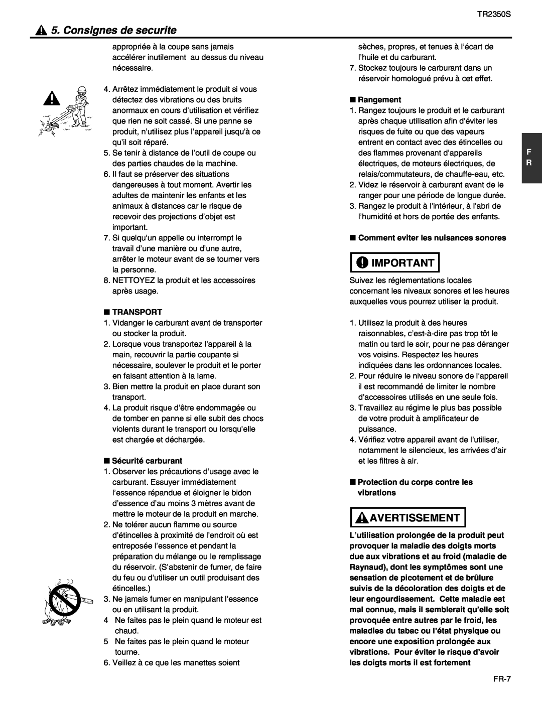 RedMax TR2350S manual Consignes de securite, Avertissement, Transport, Sécurité carburant, Rangement 