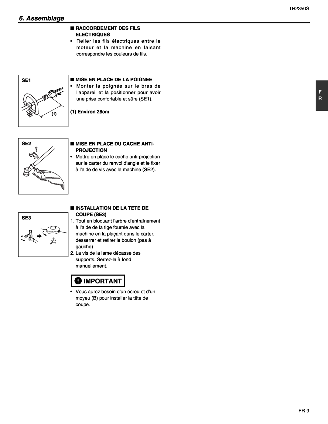 RedMax TR2350S manual Assemblage, Raccordement Des Fils Electriques, Mise En Place De La Poignee, Environ 28cm, SE2 SE3 